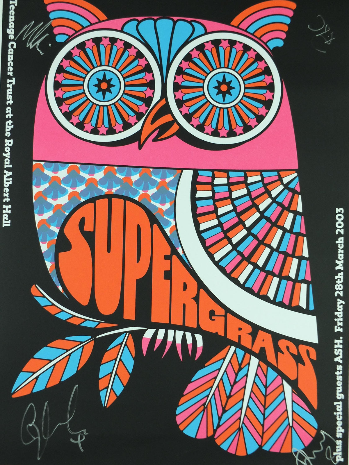 2003 signed Supergrass Concert Poster, Teenage Cancer Trust, Royal Albert Hall, signed by Gaz, Mick and Danny, Britpop, music wall art decor