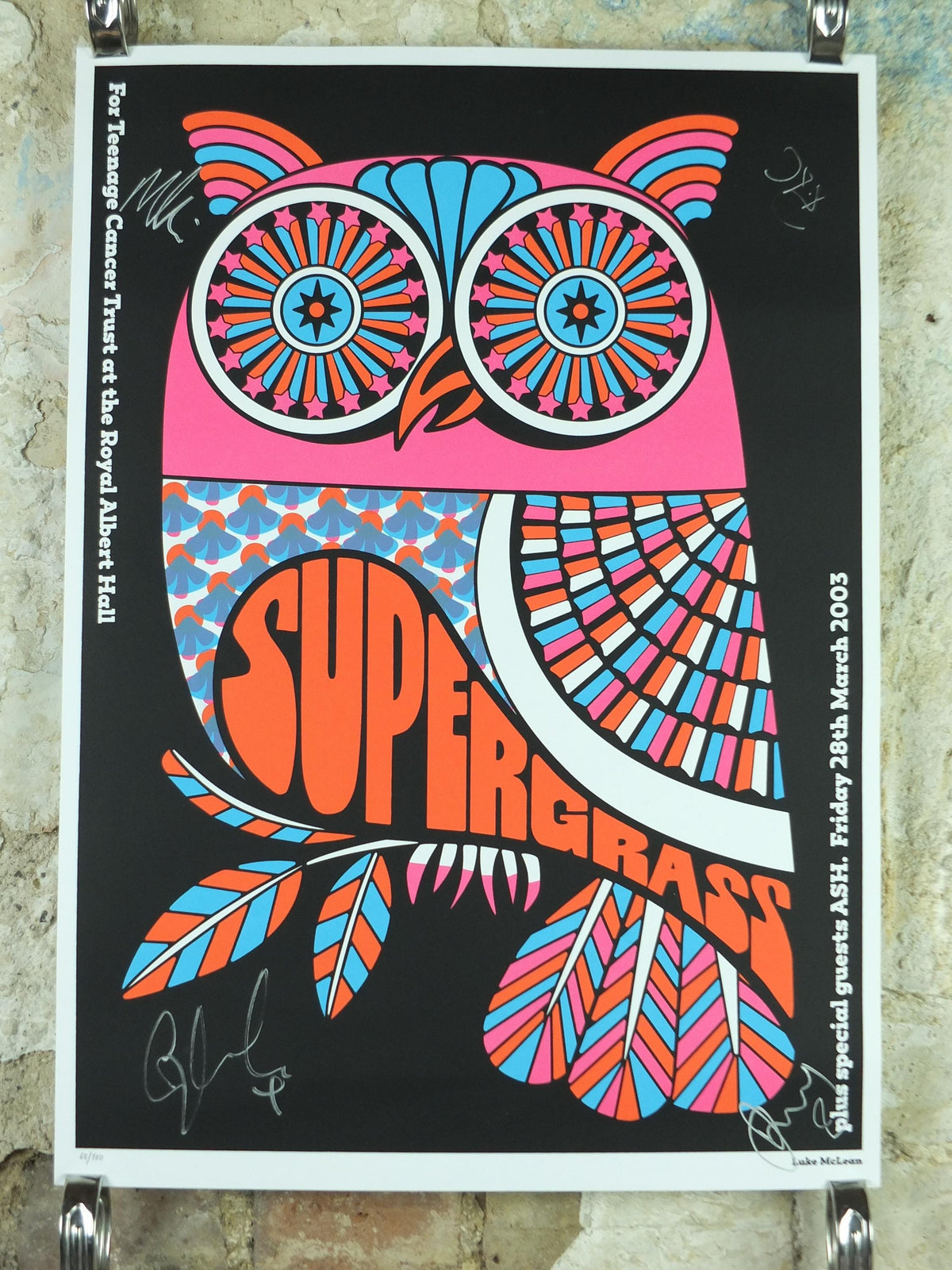 2003 signed Supergrass Concert Poster, Teenage Cancer Trust, Royal Albert Hall, signed by Gaz, Mick and Danny, Britpop, music wall art decor
