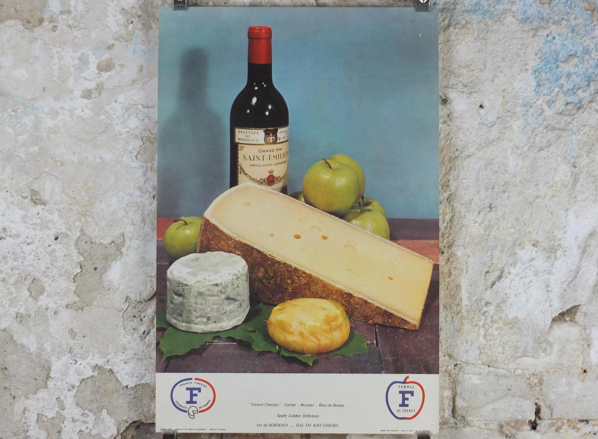 1960s Cheeses of France Poster, Comte, Munster, Bleu de Bresse cheeses & apples Fromages de France, Saint-Emelion kitchenalia wall art decor