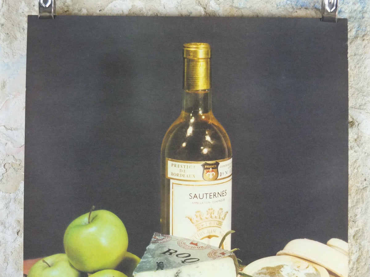 1960s Cheeses of France Poster, Roquefort cheeses & apples, Fromages de France, Foie gras, Sauternes, kitchenalia wall art decor