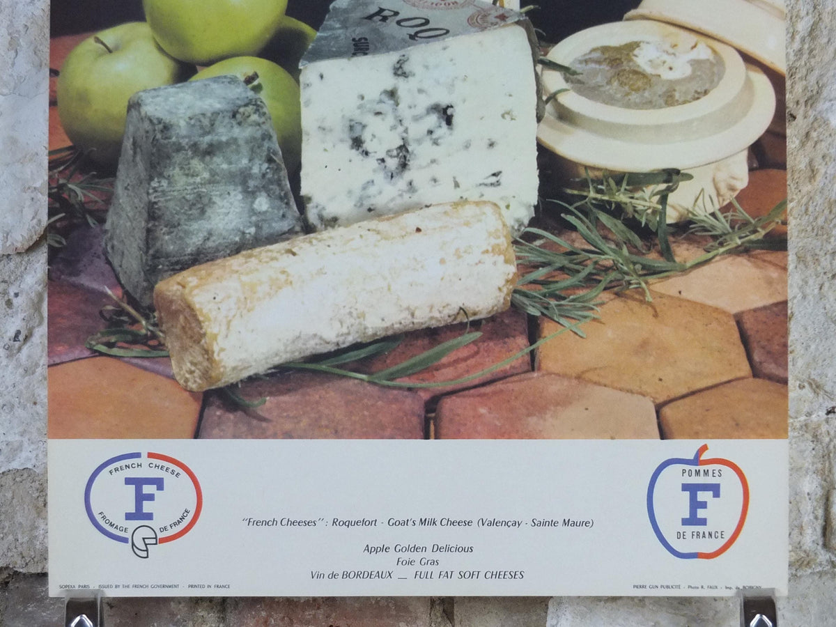 1960s Cheeses of France Poster, Roquefort cheeses & apples, Fromages de France, Foie gras, Sauternes, kitchenalia wall art decor