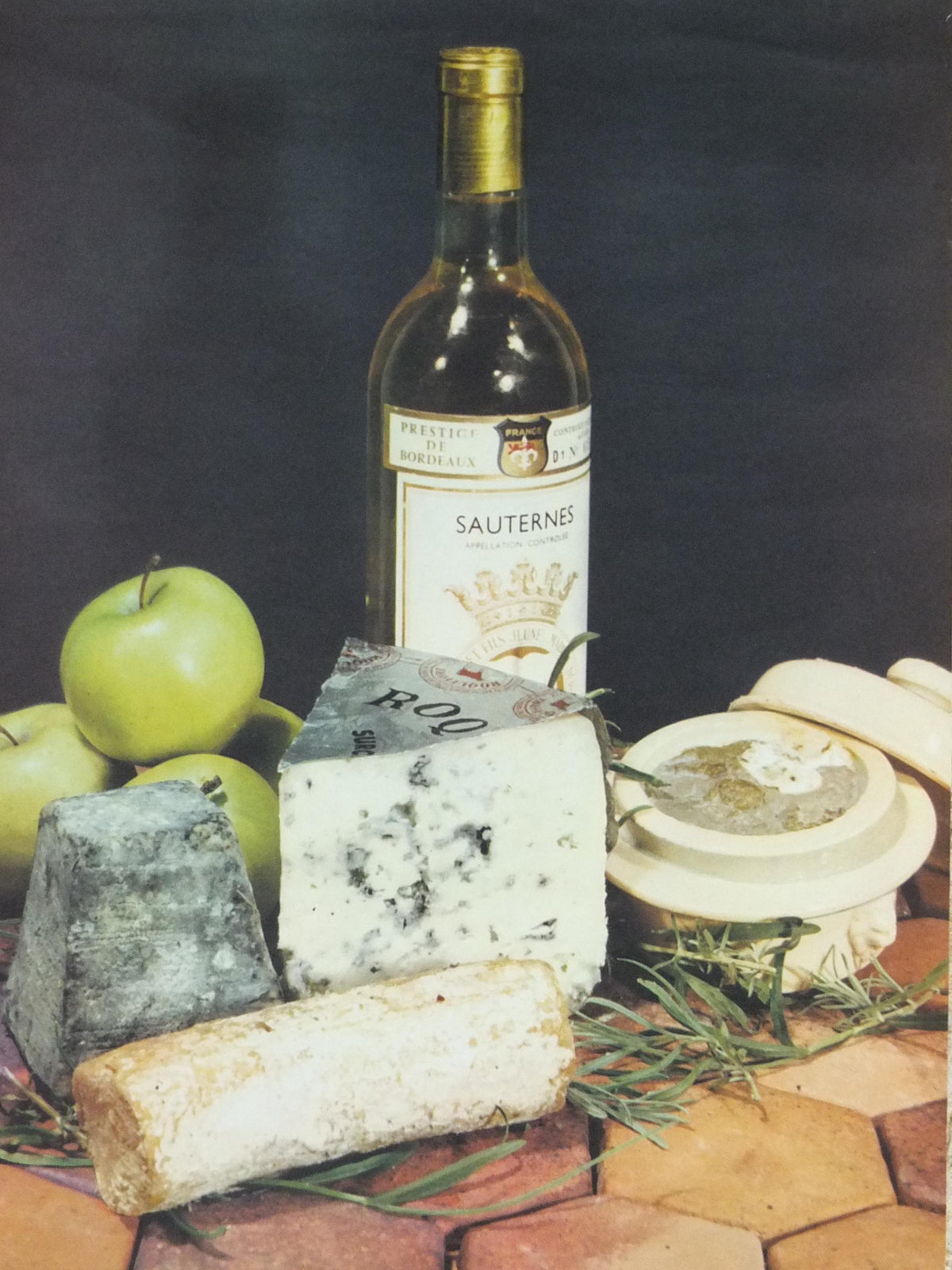 1960s Cheeses of France Poster, Roquefort cheeses & apples, Fromages de France, Foie gras, Sauternes, kitchenalia wall art decor