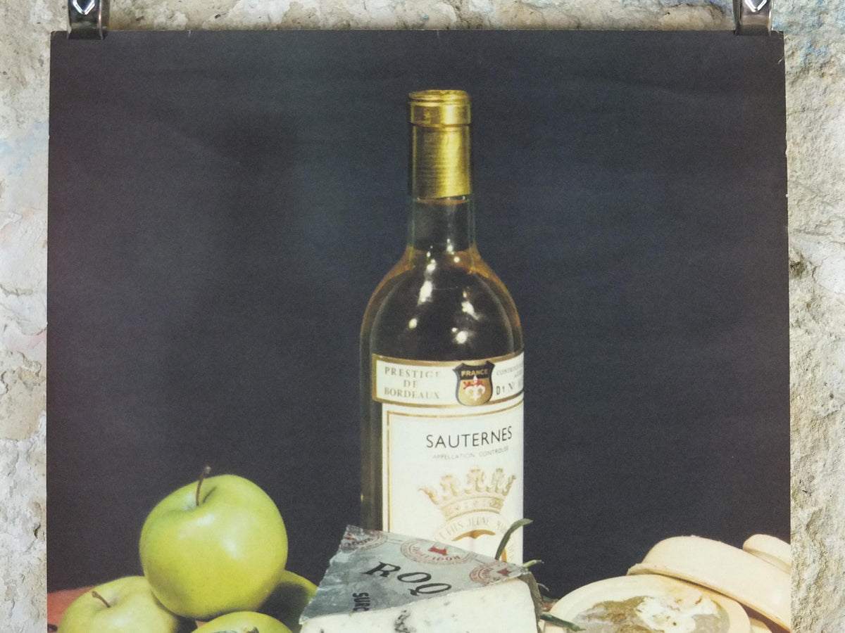 1960s Cheeses of France Poster, Roquefort cheeses & apples, Fromages de France, Foie gras, Sauternes, kitchenalia wall art decor