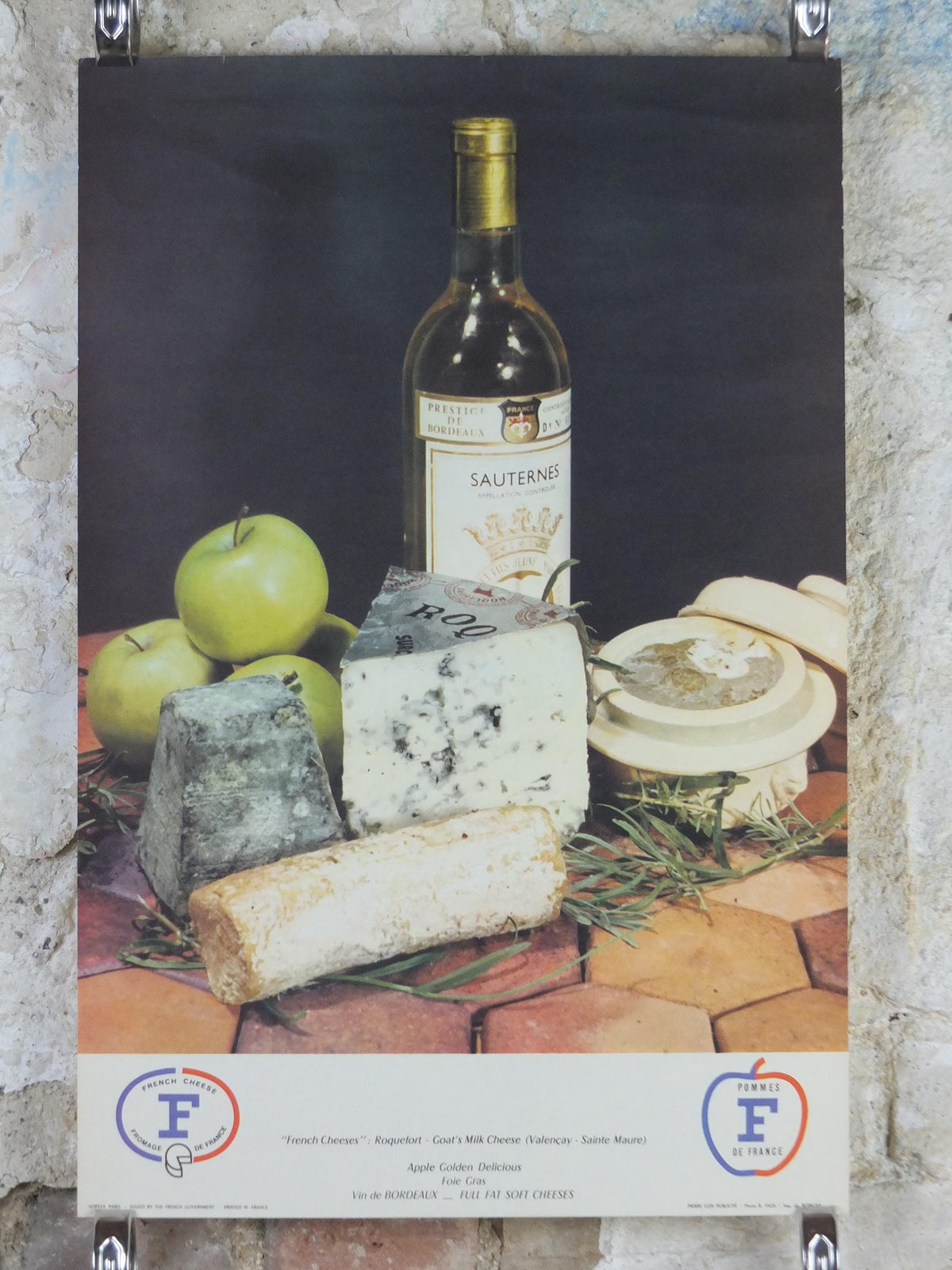 1960s Cheeses of France Poster, Roquefort cheeses & apples, Fromages de France, Foie gras, Sauternes, kitchenalia wall art decor