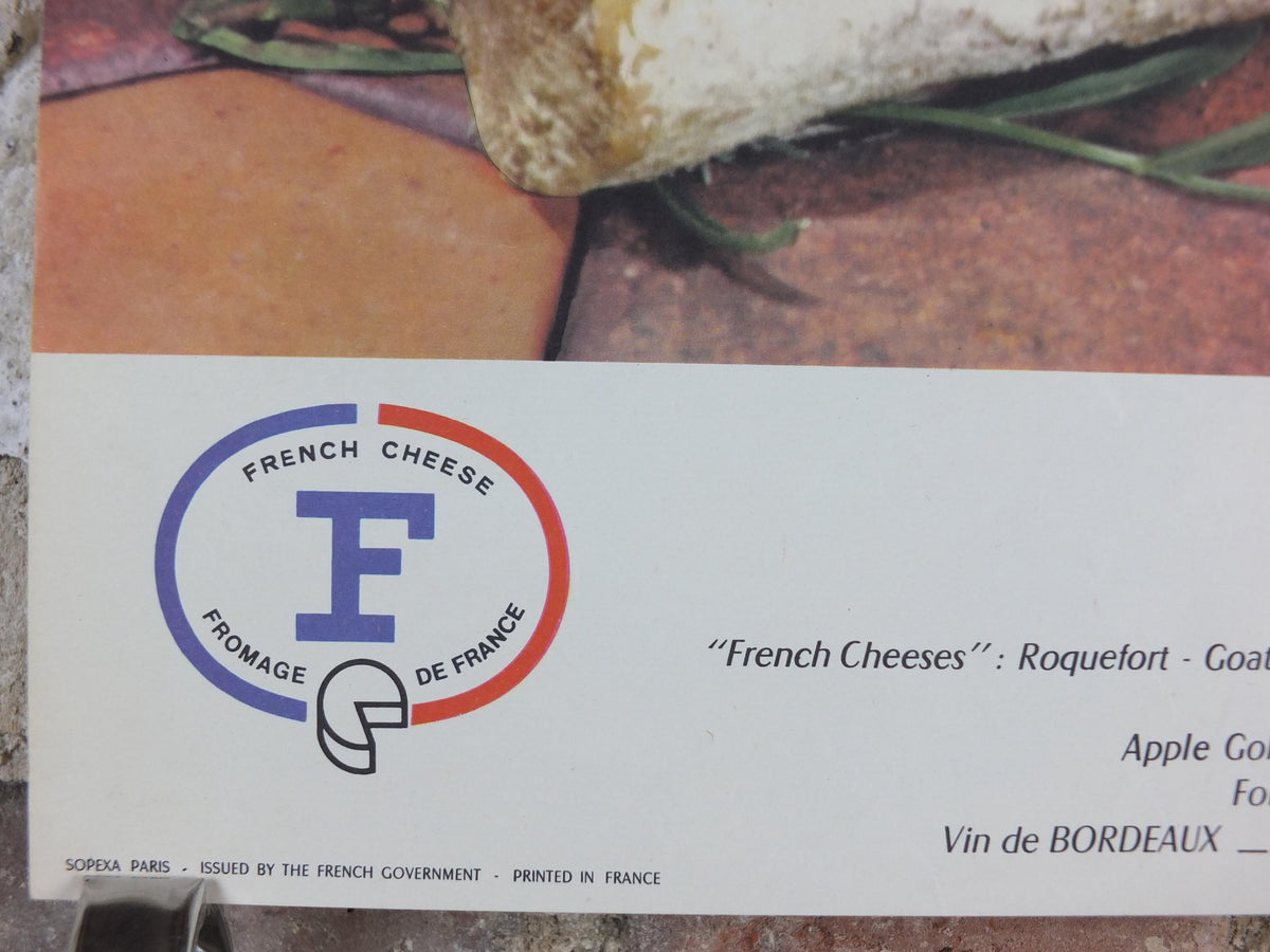 1960s Cheeses of France Poster, Roquefort cheeses & apples, Fromages de France, Foie gras, Sauternes, kitchenalia wall art decor