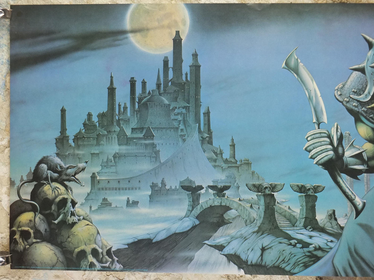 1979 Nazareth Poster, No Mean City, Friendly Fred by Rodney Matthews, epic adventure art, dinosaur, scifi wall art decor