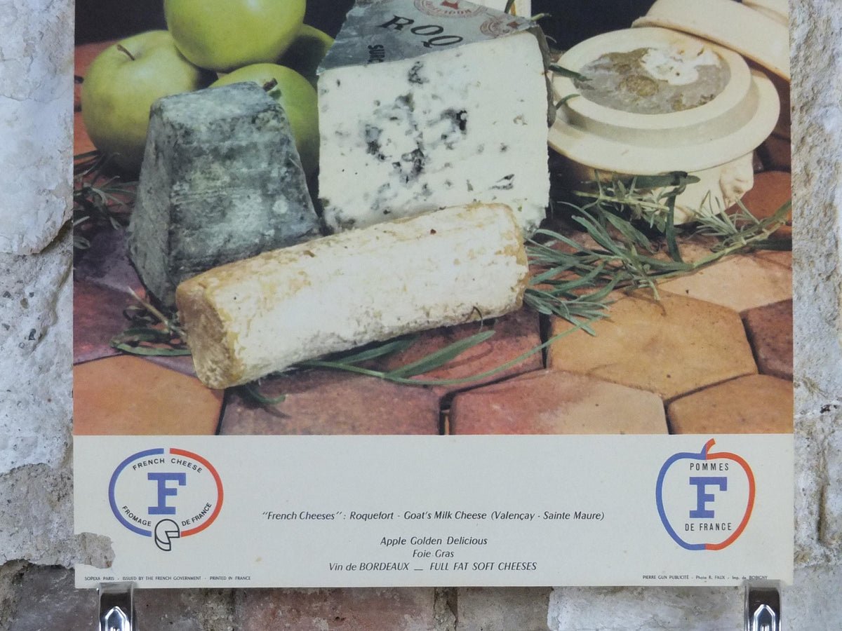 1960s Cheeses of France Poster, Roquefort cheeses & apples, Fromages de France, Foie gras, Sauternes, kitchenalia wall art decor