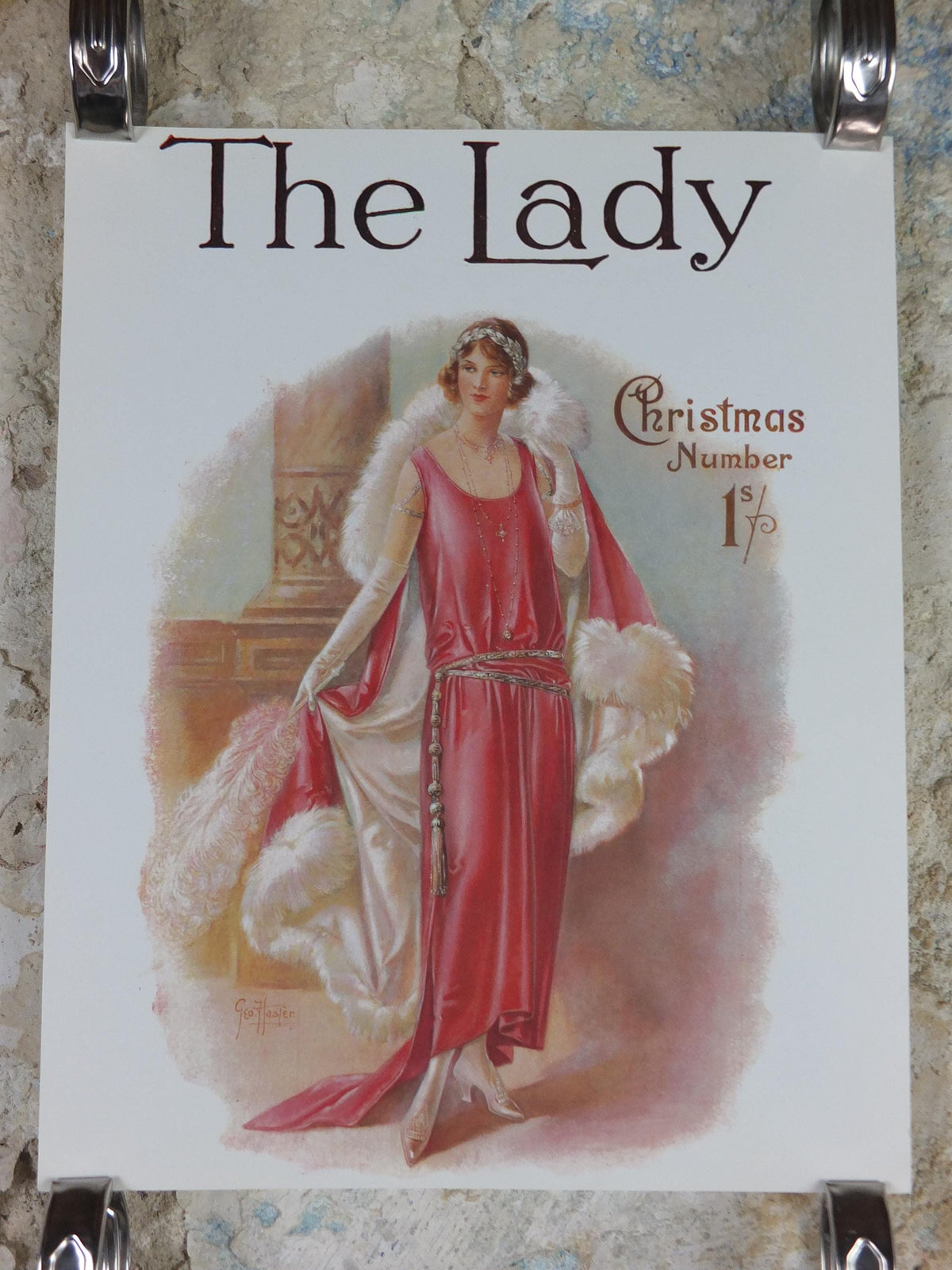 1960s The Lady Poster, Woman in Pink Flapper Christmas style from the 1920s, Womans magazine, fashion Advertising, art deco, wall art decor
