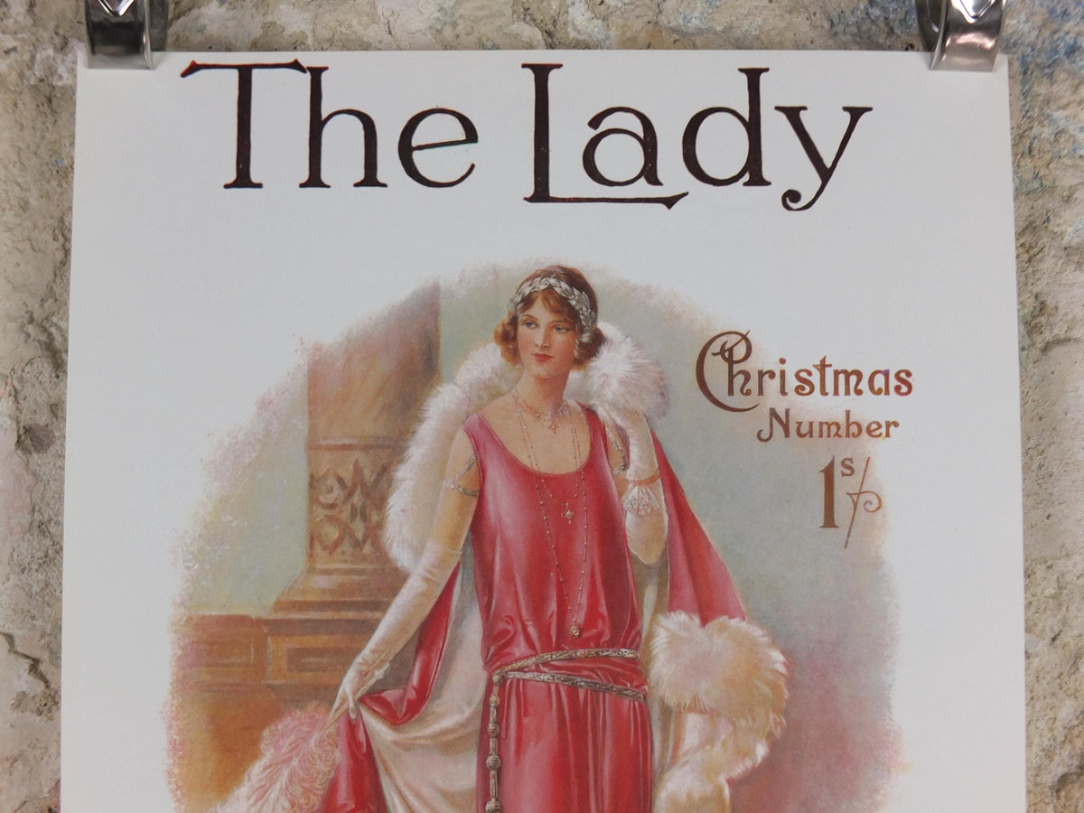 1960s The Lady Poster, Woman in Pink Flapper Christmas style from the 1920s, Womans magazine, fashion Advertising, art deco, wall art decor