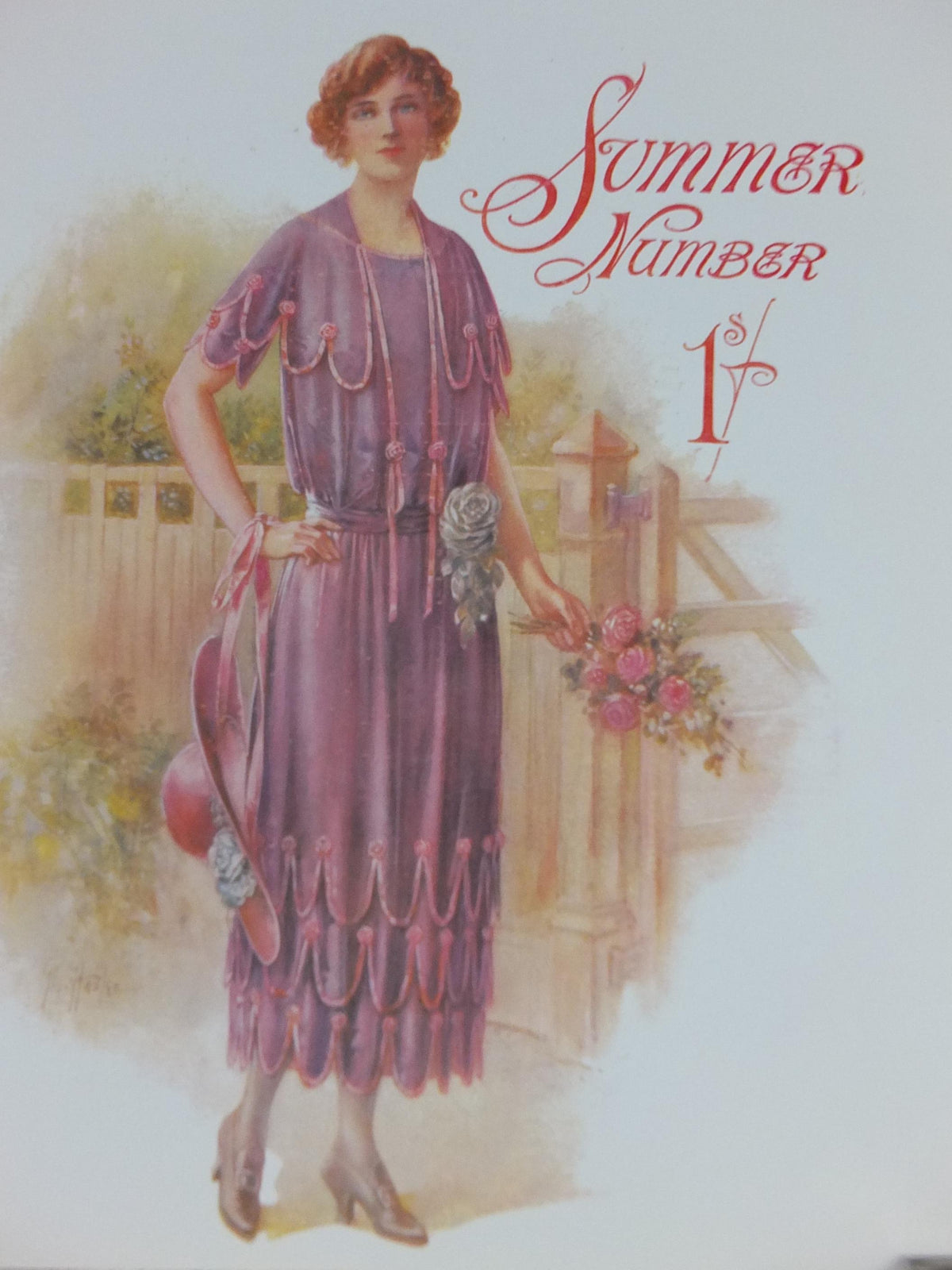1960s The Lady Poster, Woman in mauve Flapper Summer style from the 1920s, Womans magazine, fashion Advertising, art deco, wall art decor