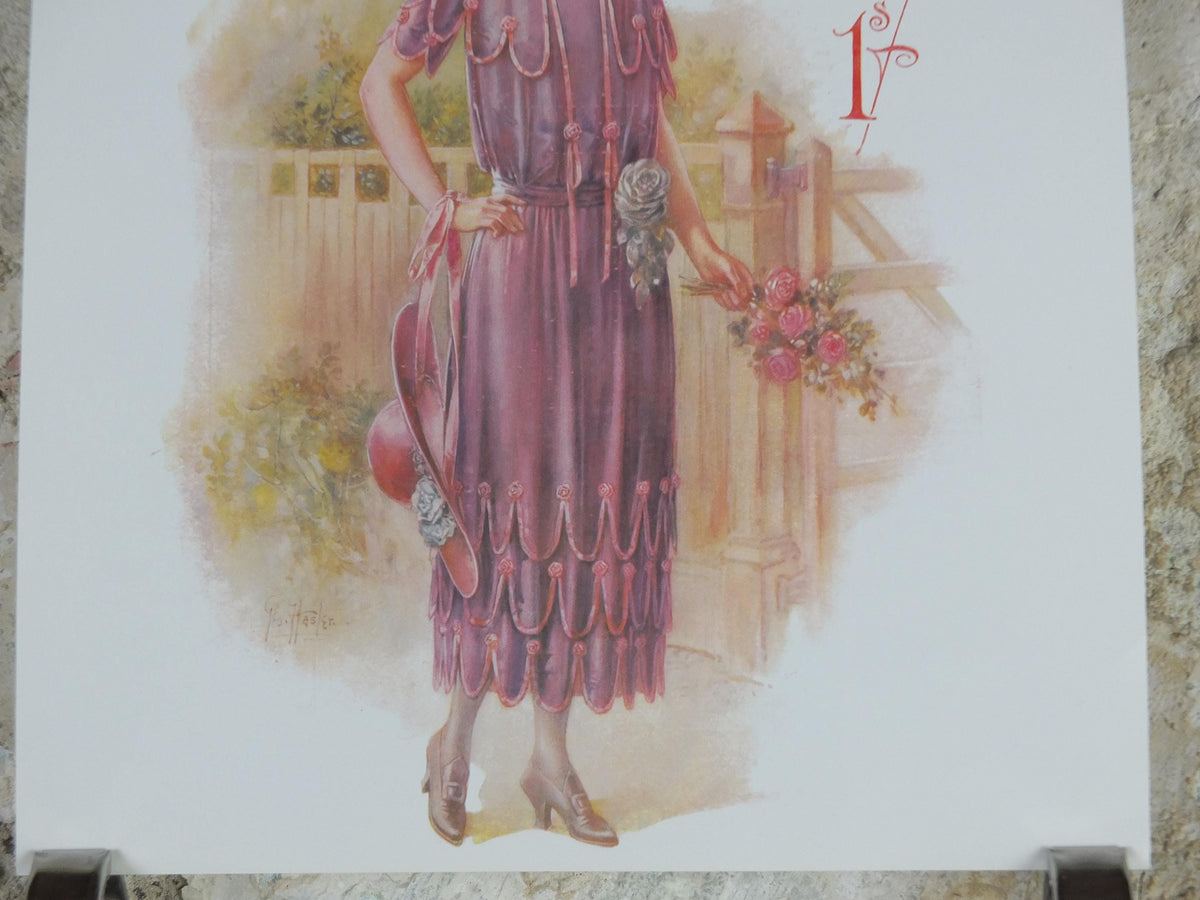 1960s The Lady Poster, Woman in mauve Flapper Summer style from the 1920s, Womans magazine, fashion Advertising, art deco, wall art decor