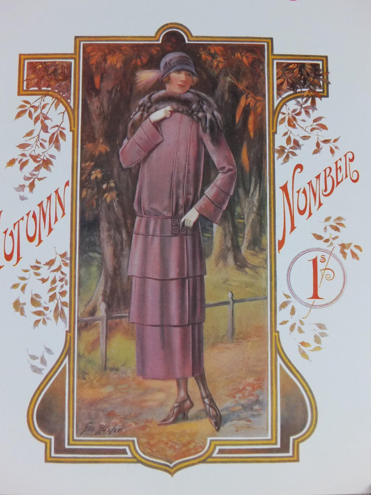 1960s The Lady Poster, Woman in mauve Flapper Autumn style from the 1920s, Womans magazine, fashion Advertising, art deco, wall art decor