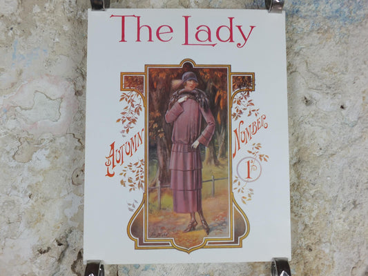 1960s The Lady Poster, Woman in mauve Flapper Autumn style from the 1920s, Womans magazine, fashion Advertising, art deco, wall art decor