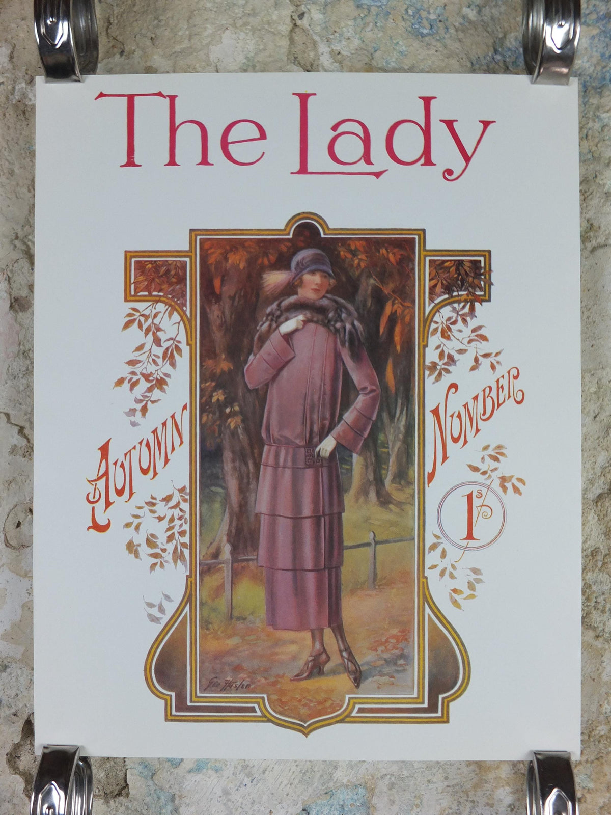 1960s The Lady Poster, Woman in mauve Flapper Autumn style from the 1920s, Womans magazine, fashion Advertising, art deco, wall art decor