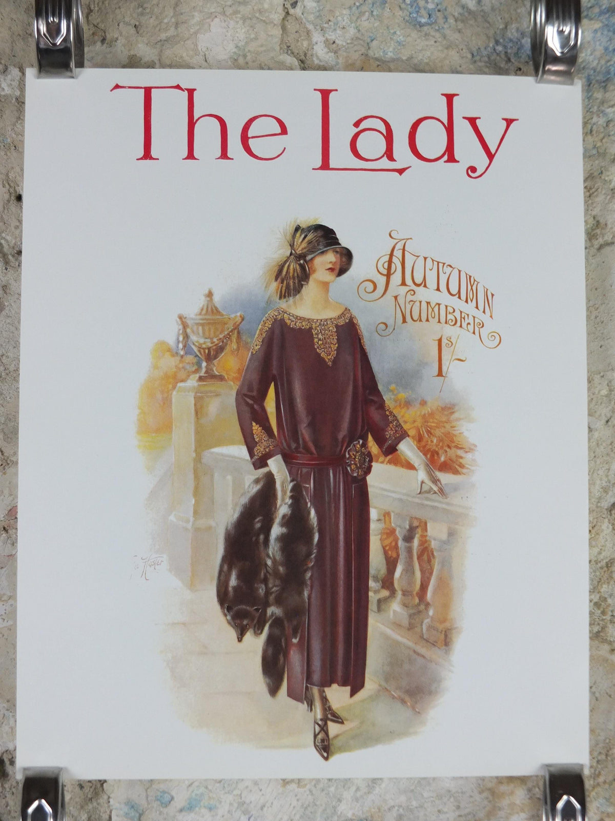 1960s The Lady Poster, Woman in maroon Flapper autumn style from the 1920s, Womans magazine, fashion Advertising, art deco, wall art decor