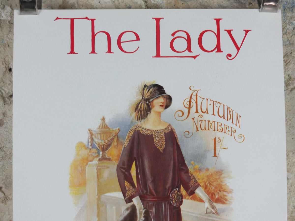 1960s The Lady Poster, Woman in maroon Flapper autumn style from the 1920s, Womans magazine, fashion Advertising, art deco, wall art decor