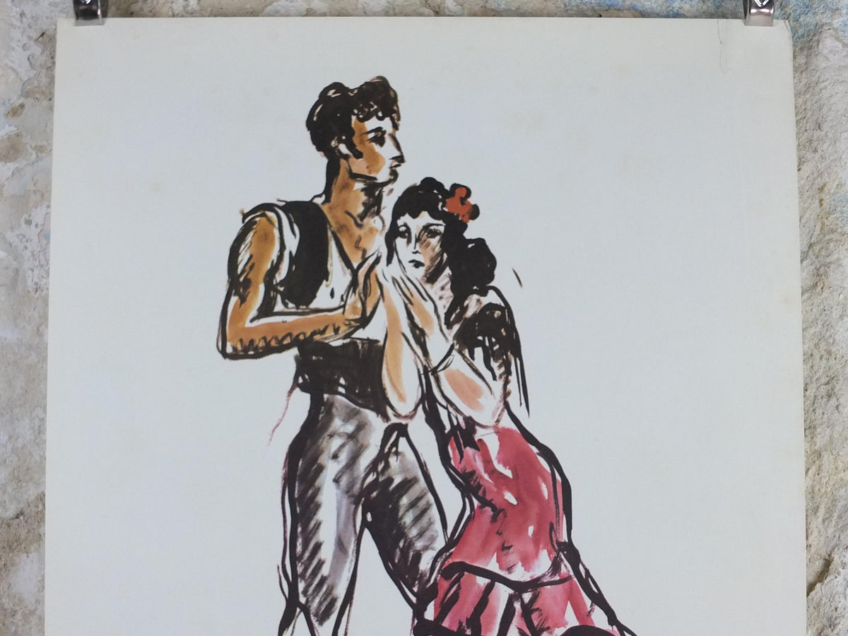 1975 Yves Brayer Poster, flamenco dancing, dancers Teresina and Roland Petit, Procenium, Paris, ballet gallery exhibition, wall art decor