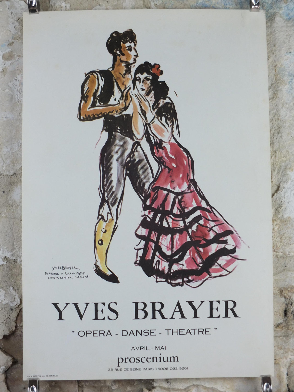 1975 Yves Brayer Poster, flamenco dancing, dancers Teresina and Roland Petit, Procenium, Paris, artist gallery exhibition, wall art decor