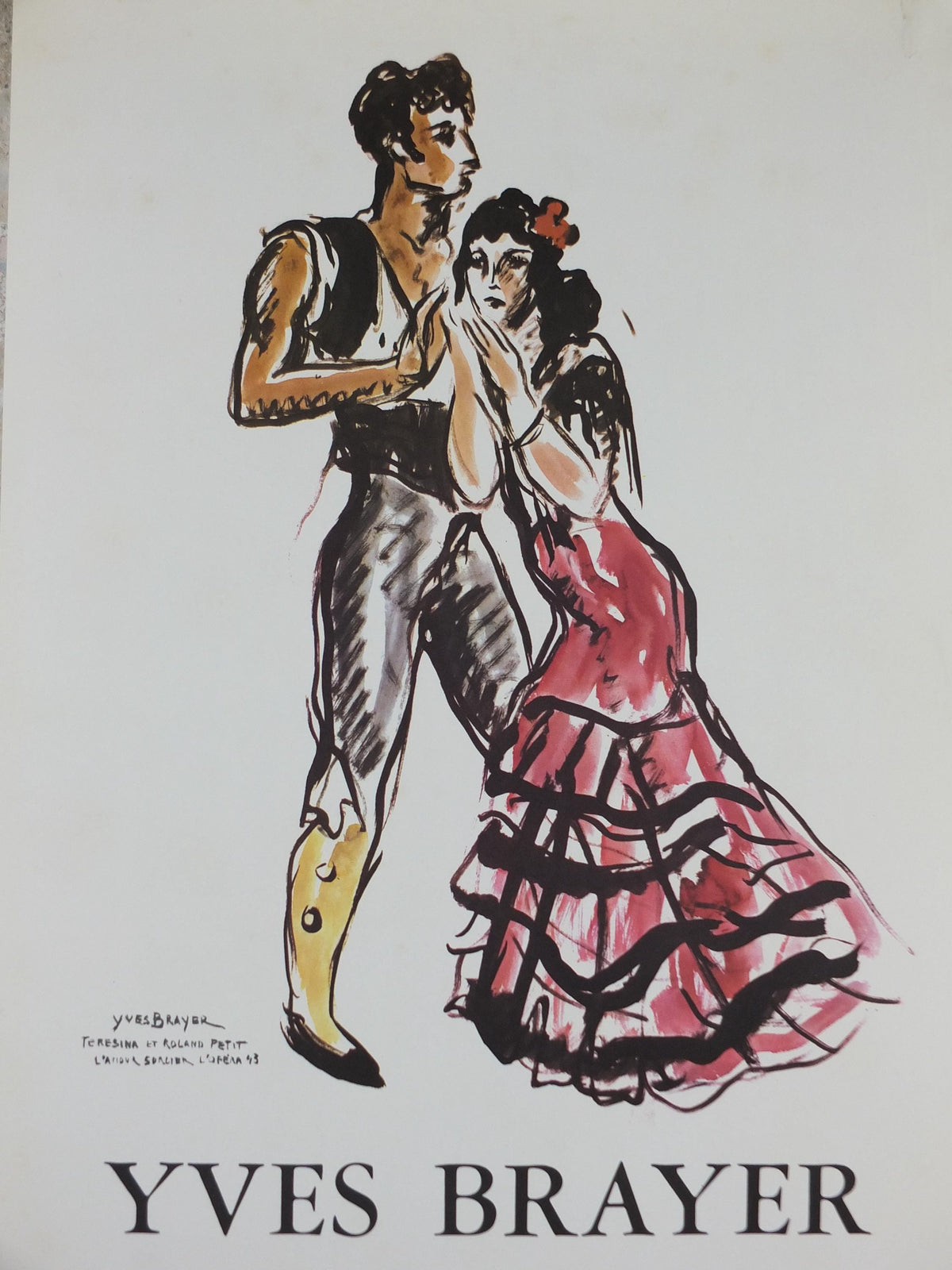 1975 Yves Brayer Poster, flamenco dancing, dancers Teresina and Roland Petit, Procenium, Paris, ballet gallery exhibition, wall art decor