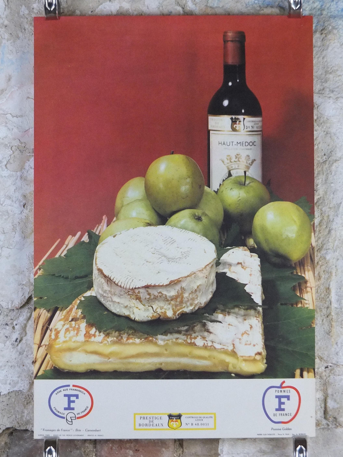 1960s Cheeses of France Poster, soft cheeses with apples, Fromages de France, cheesemaking, Haut Medoc, kitchenalia wall art decor