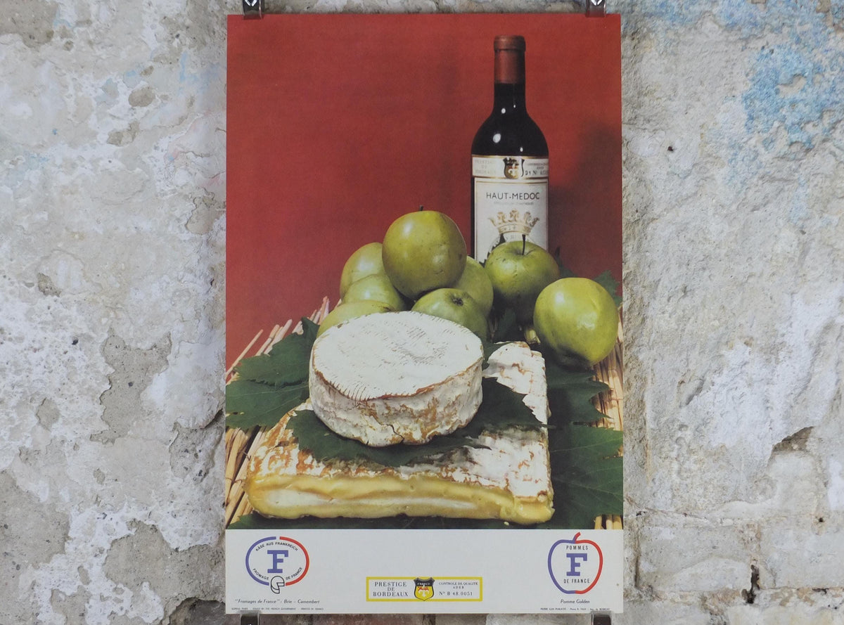 1960s Cheeses of France Poster, soft cheeses with apples, Fromages de France, cheesemaking, Haut Medoc, kitchenalia wall art decor