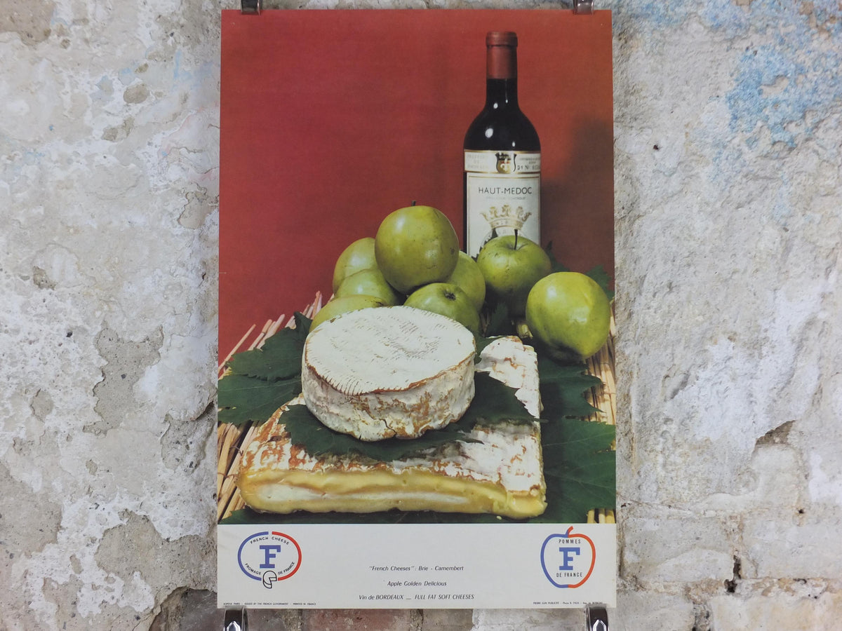 1960s Cheeses of France Poster, soft cheeses with apples, Fromages de France, cheesemaking, Haut Medoc, kitchenalia wall art decor