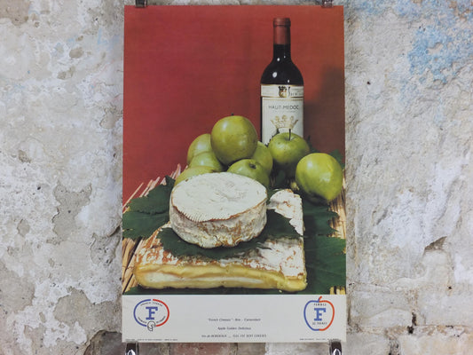 1960s Cheeses of France Poster, soft cheeses with apples, Fromages de France, cheesemaking, Haut Medoc, kitchenalia wall art decor