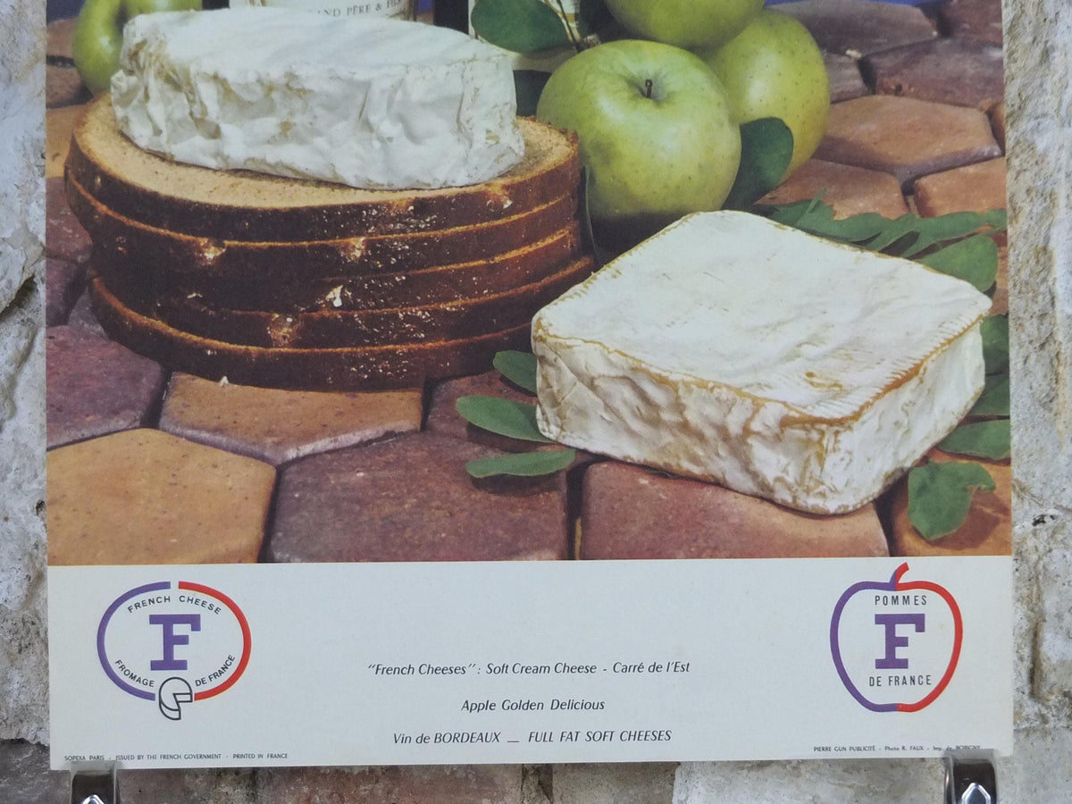 1960s Cheeses of France Poster, soft cheeses with apples, Fromages de France, cheesemaking, Bordeaux viticulture, kitchenalia wall art decor