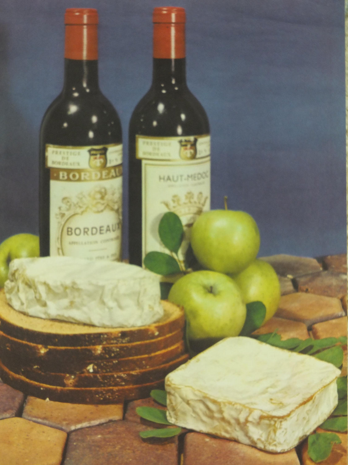 1960s Cheeses of France Poster, soft cheeses with apples, Fromages de France, cheesemaking, Bordeaux viticulture, kitchenalia wall art decor