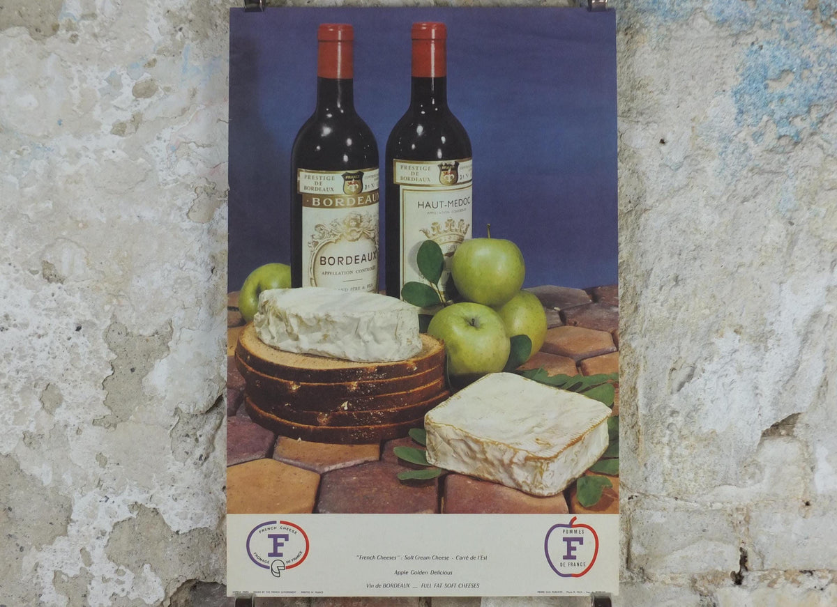 1960s Cheeses of France Poster, soft cheeses with apples, Fromages de France, cheesemaking, Bordeaux viticulture, kitchenalia wall art decor