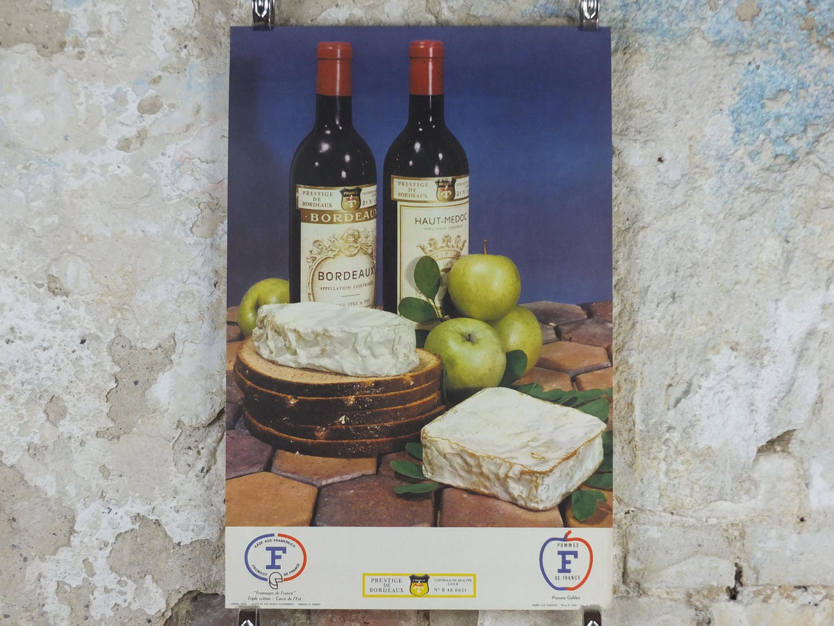 1960s Cheeses of France Poster, soft cheeses with apples, Fromages de France, cheesemaking, Bordeaux viticulture, kitchenalia wall art decor