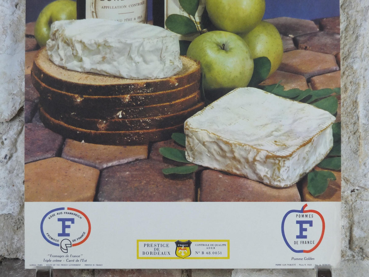 1960s Cheeses of France Poster, soft cheeses with apples, Fromages de France, cheesemaking, Bordeaux viticulture, kitchenalia wall art decor