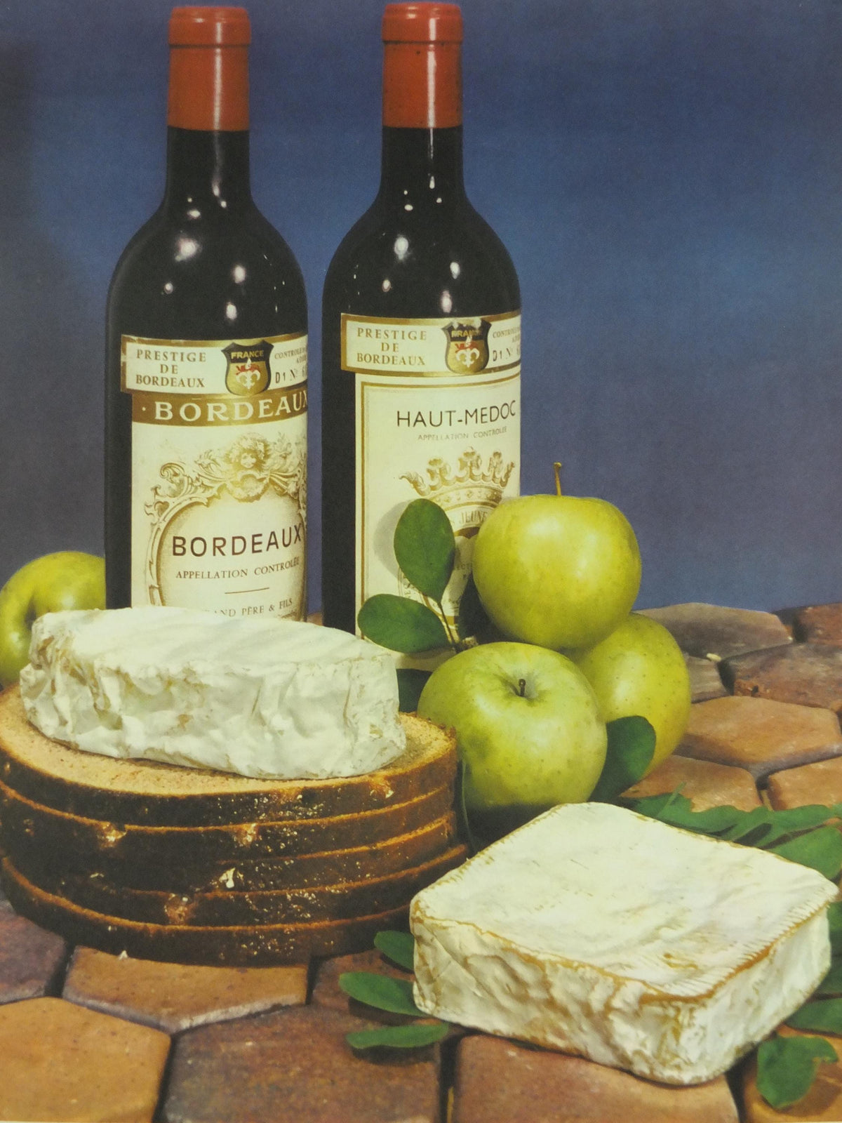 1960s Cheeses of France Poster, soft cheeses with apples, Fromages de France, cheesemaking, Bordeaux viticulture, kitchenalia wall art decor