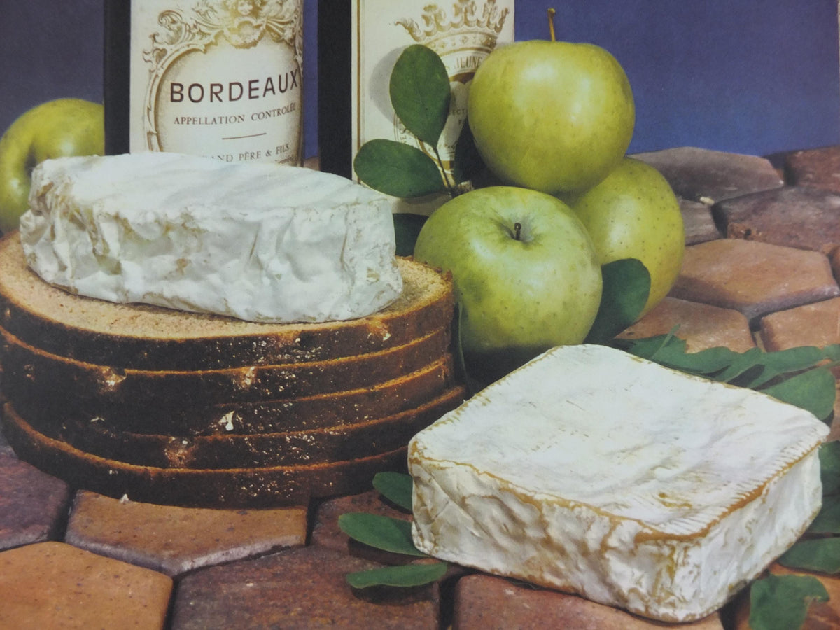 1960s Cheeses of France Poster, soft cheeses with apples, Fromages de France, cheesemaking, Bordeaux viticulture, kitchenalia wall art decor