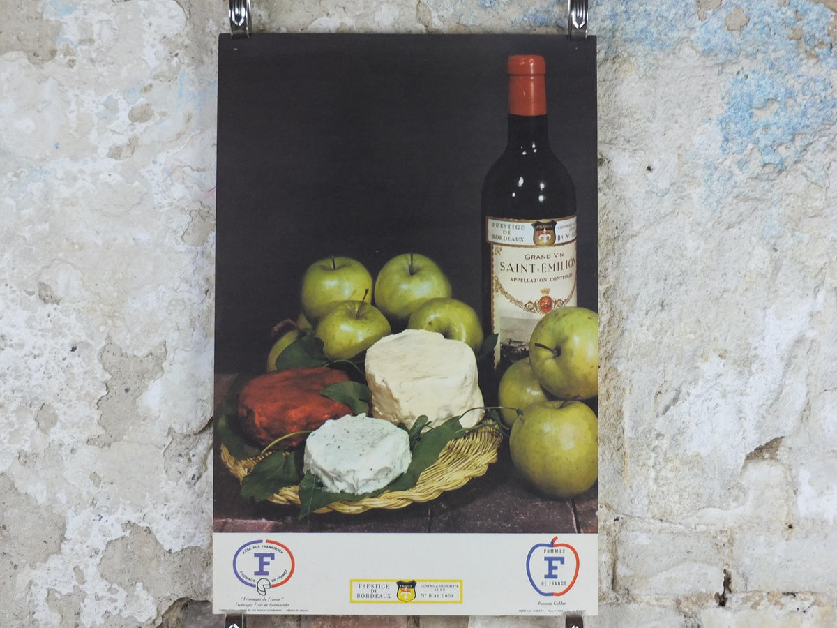 1960s Cheeses of France Poster, soft cheeses & apples, Fromages de France, cheesemaking, Saint-Emelion, kitchenalia wall art decor