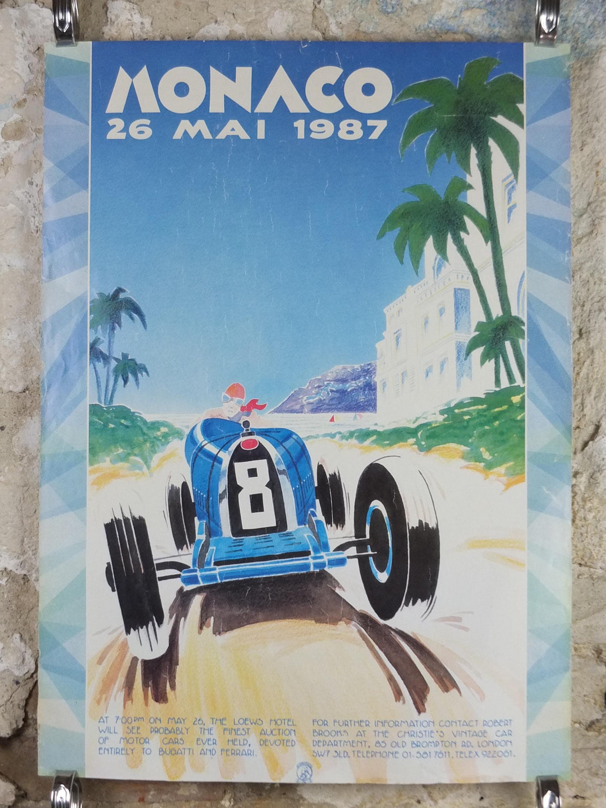 1987 Monaco Christies Poster, Bugatti and Ferrari auction advertising, retro sports car wall art decor
