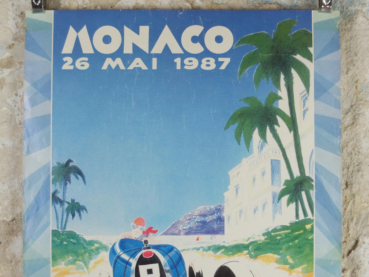 1987 Monaco Christies Poster, Bugatti and Ferrari auction advertising, retro sports car wall art decor