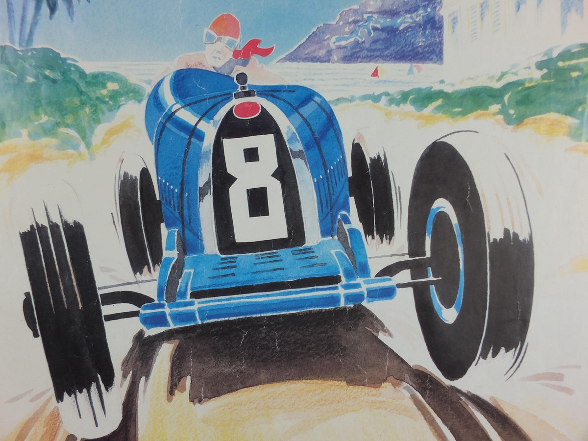 1987 Monaco Christies Poster, Bugatti and Ferrari auction advertising, retro sports car wall art decor