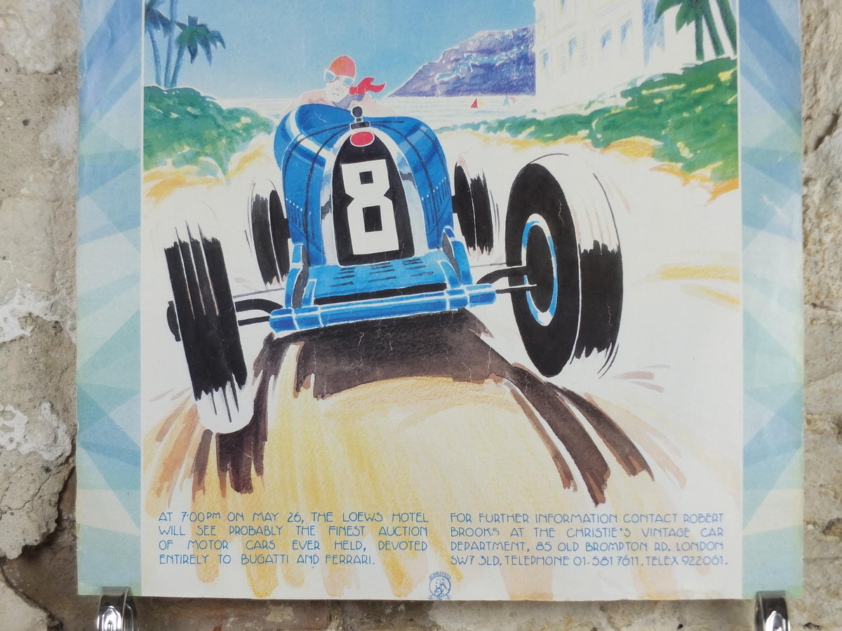 1987 Monaco Christies Poster, Bugatti and Ferrari auction advertising, retro sports car wall art decor