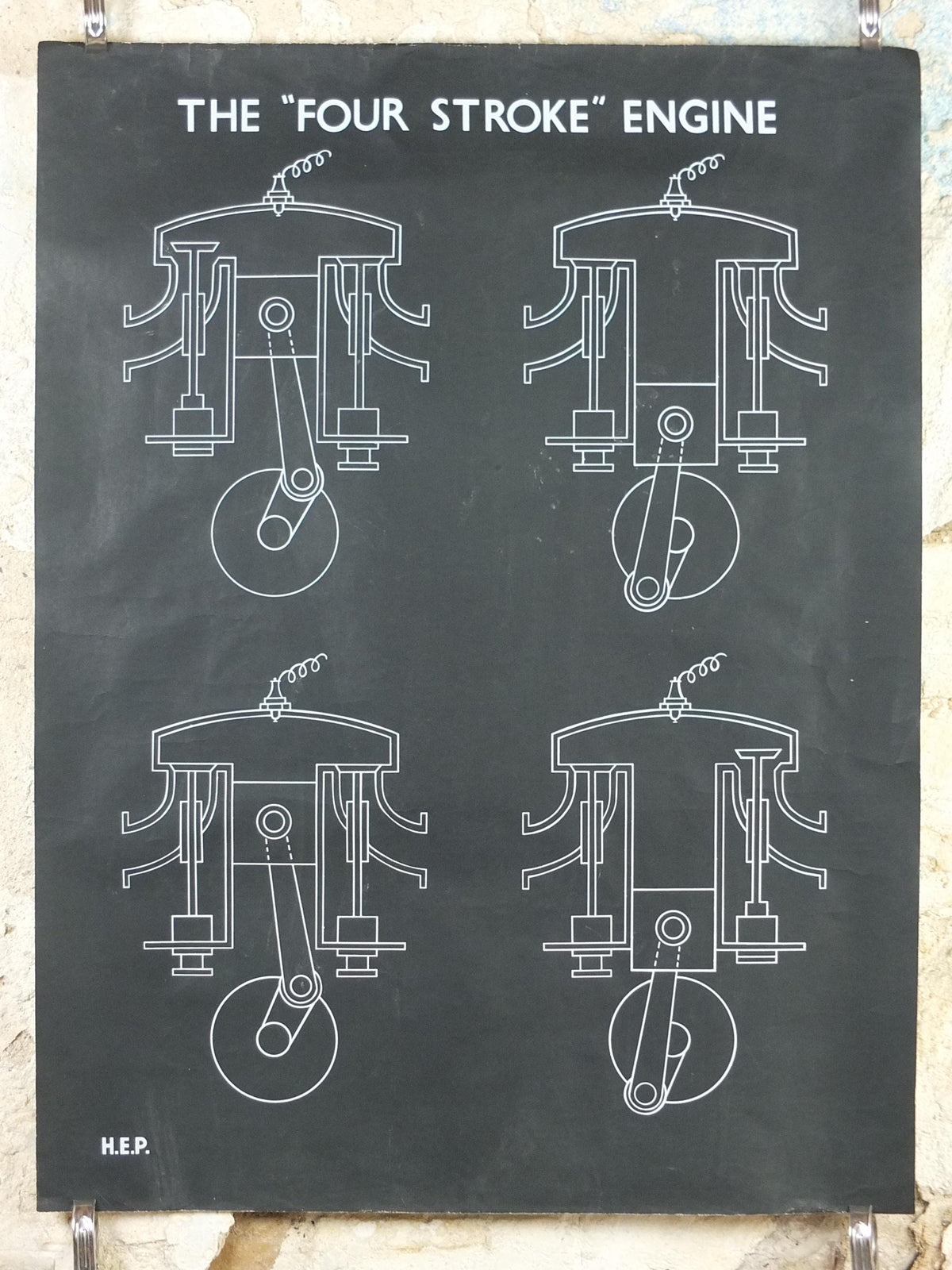 1950s Four Stroke Engine wall chart, automotive engineering, combustion engine, HEP, wall art decor