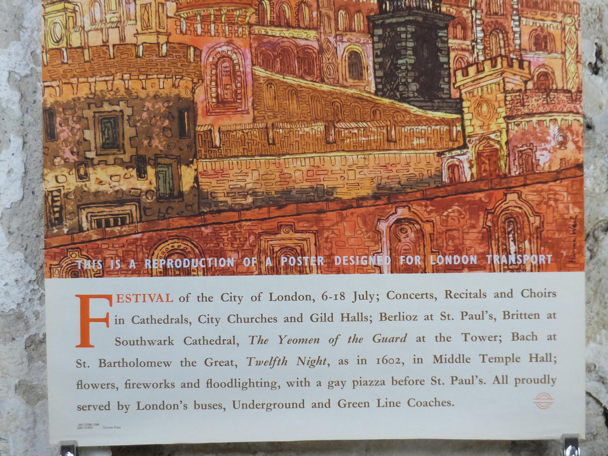 1962 Tower of London Poster, London Underground , Festival of the City of London, by Hanna Weil, The Tube, travel history, wall art decor