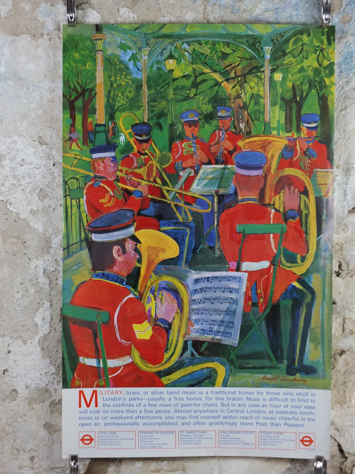 1973 Bands in the Park Poster, London Underground, Military Brass Band, London Parks, by Ronald Glendening, The Tube, travel wall art decor