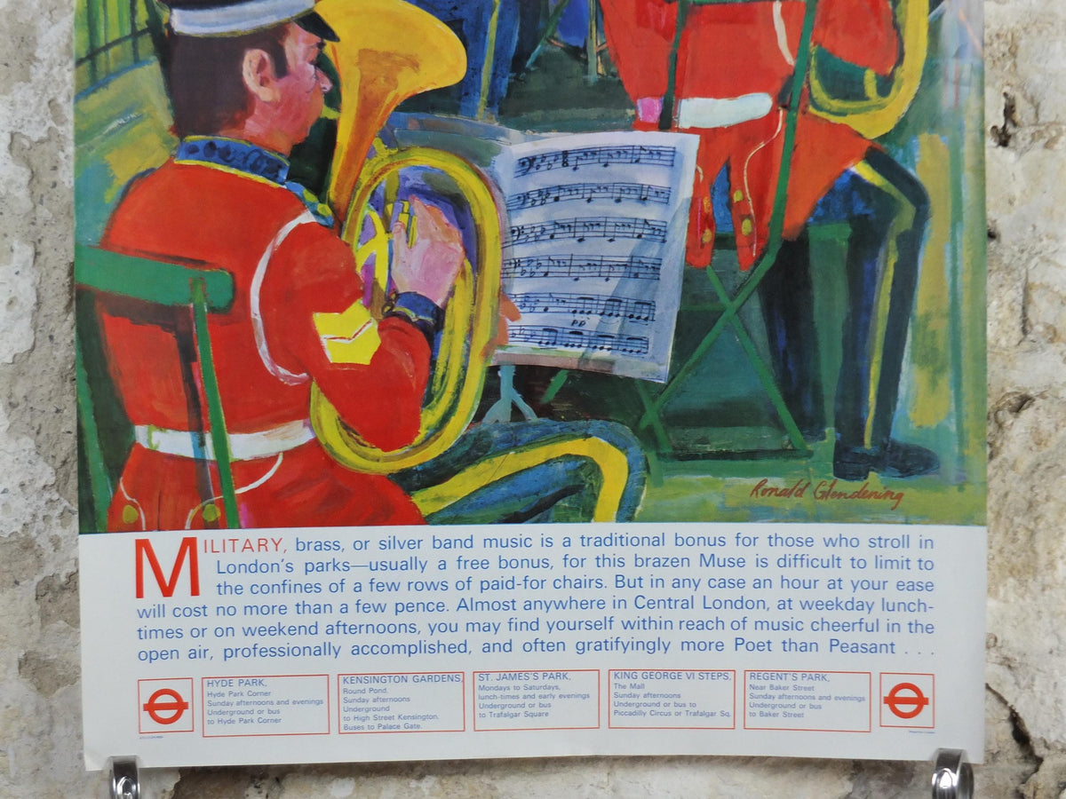 1973 Bands in the Park Poster, London Underground, Military Brass Band, London Parks, by Ronald Glendening, The Tube, travel wall art decor