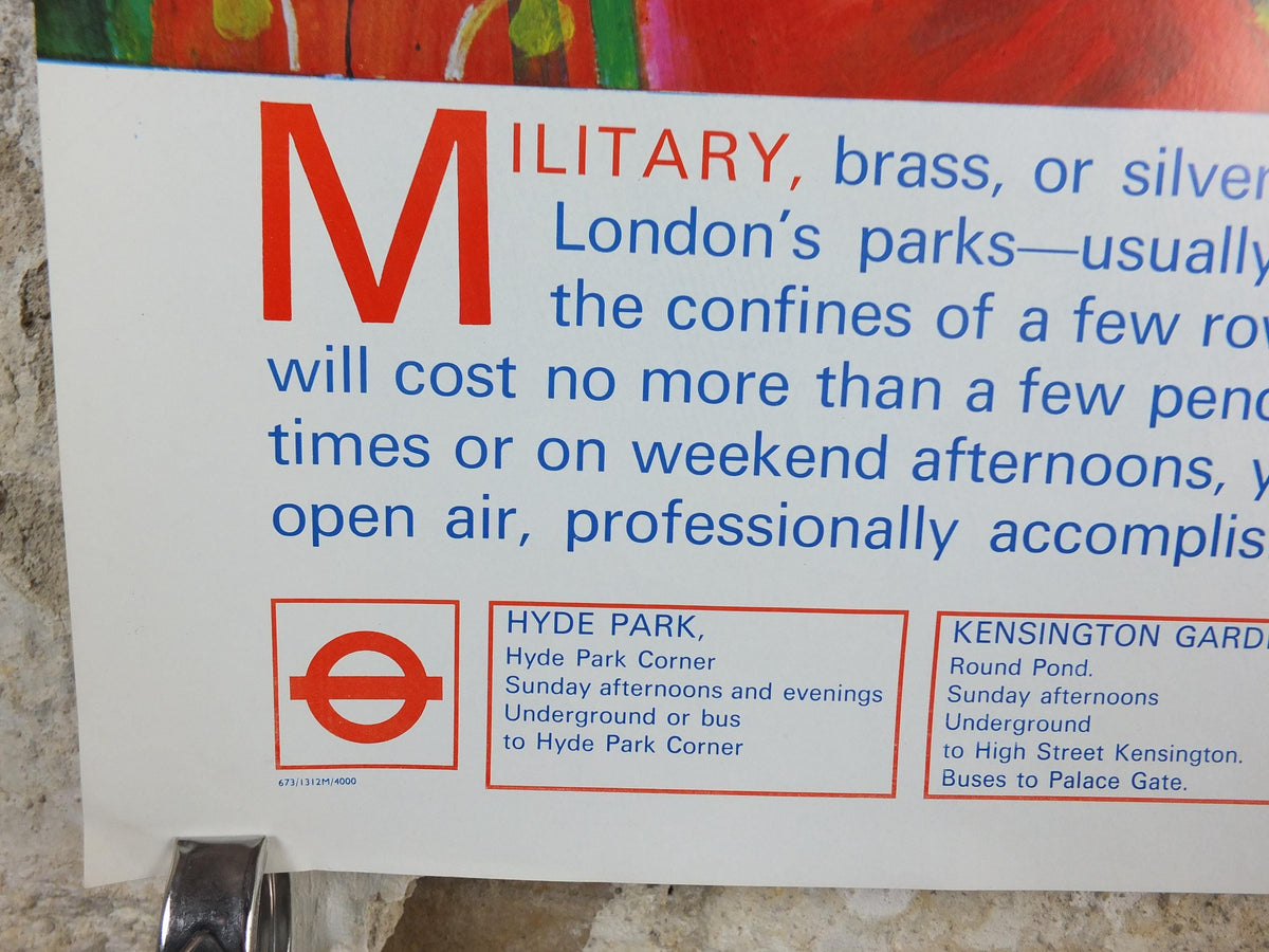 1973 Bands in the Park Poster, London Underground, Military Brass Band, London Parks, by Ronald Glendening, The Tube, travel wall art decor