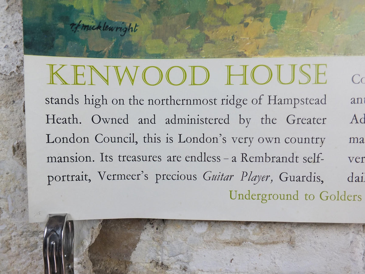 1975 Kenwood House Poster, London Underground, Hampstead Heath London, by Robert Flavell Micklewright, The Tube, travel wall art decor