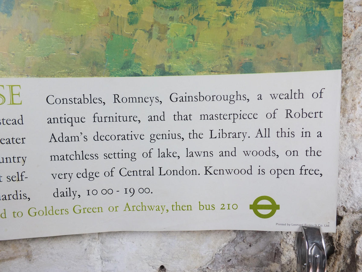 1975 Kenwood House Poster, London Underground, Hampstead Heath London, by Robert Flavell Micklewright, The Tube, travel wall art decor