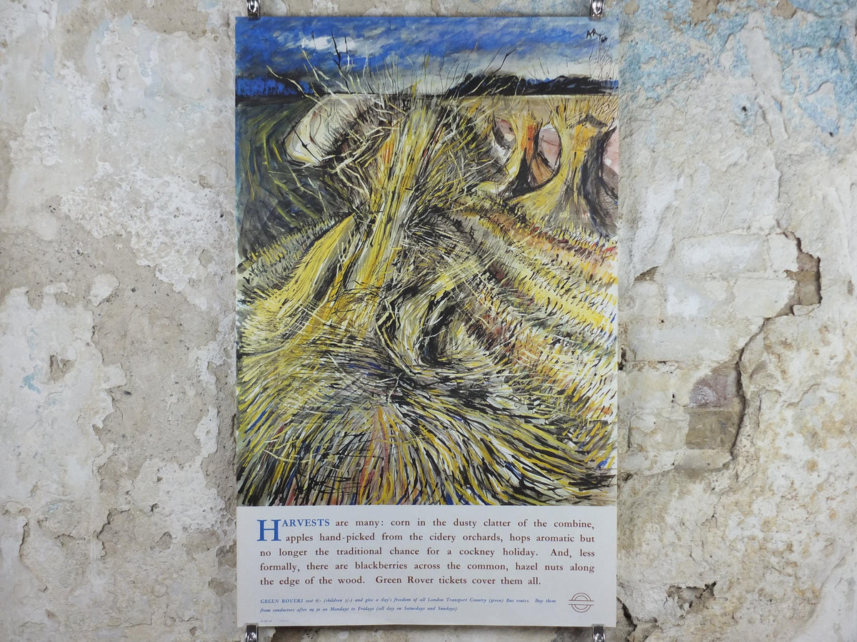 1965 Harvests Poster, London Underground, Hay bales in the rural countryside, by Anthony Rossiter, The Tube, travel wall art decor