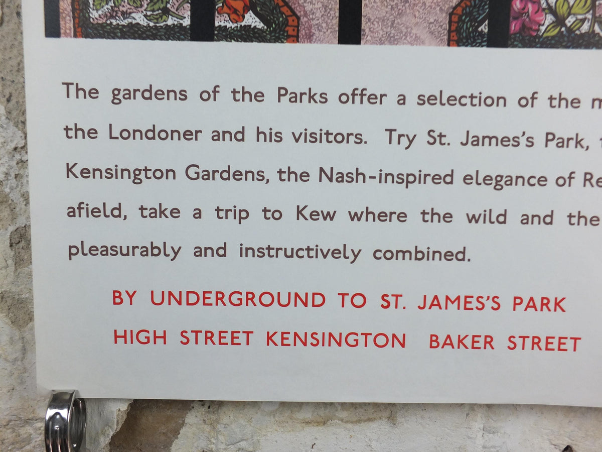 1966 The Gardens of the Parks Poster, London Underground, St James Regents Park by Una Lindsay Alan Lindsay, The Tube, travel wall art decor