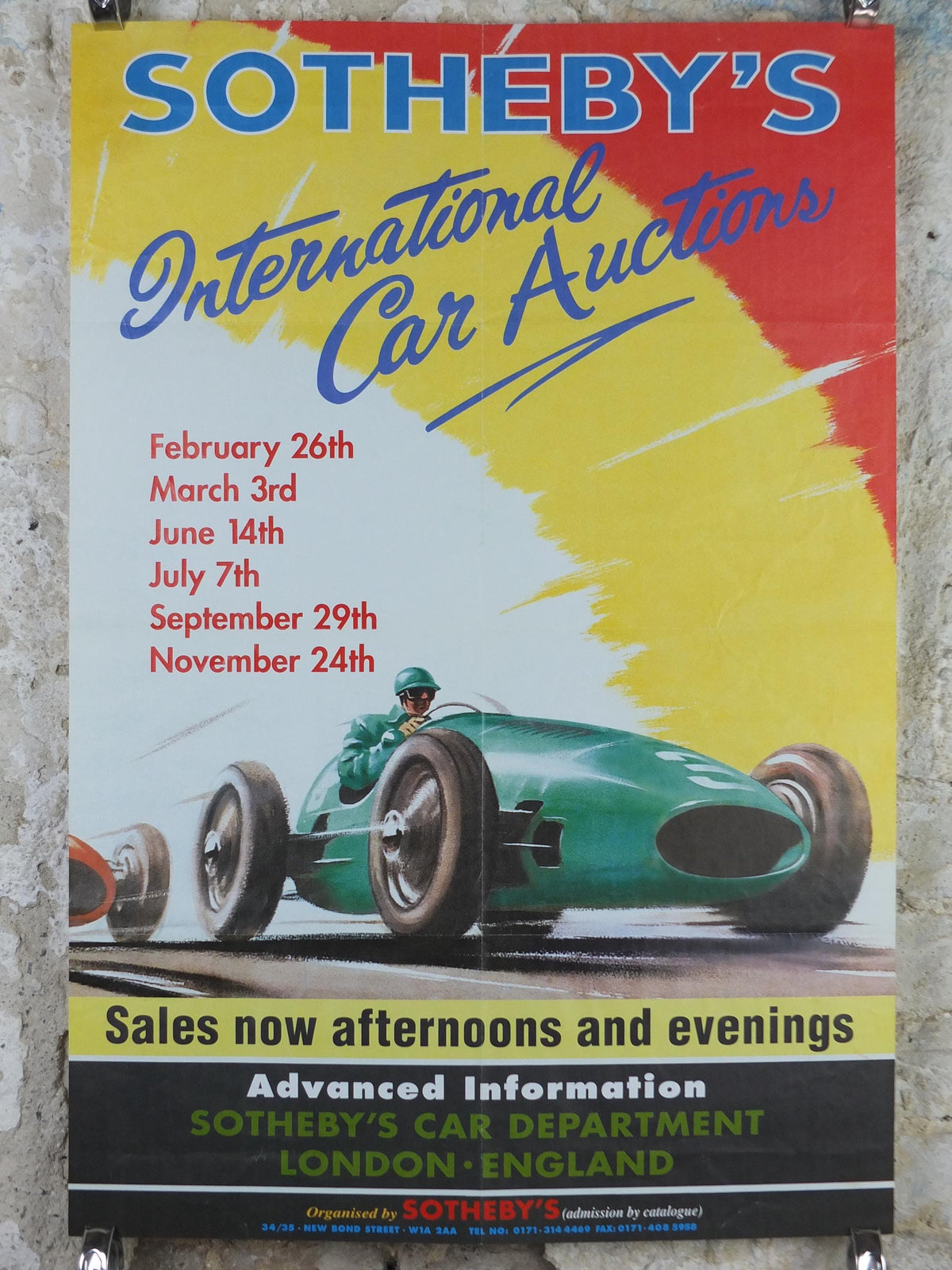 1980s Sothebys International Car Auction Poster, car auction advertising, London, retro sports car wall art decor