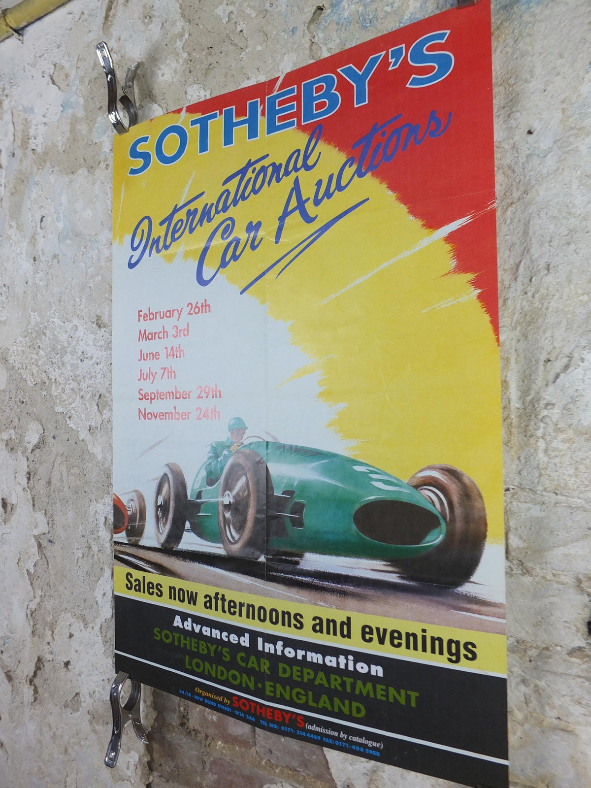 1980s Sothebys International Car Auction Poster, car auction advertising, Sotheby's London, retro sports car wall art decor